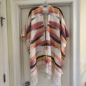 Anthropologie fringe kimono with abstract pink & yellow print. One Size.